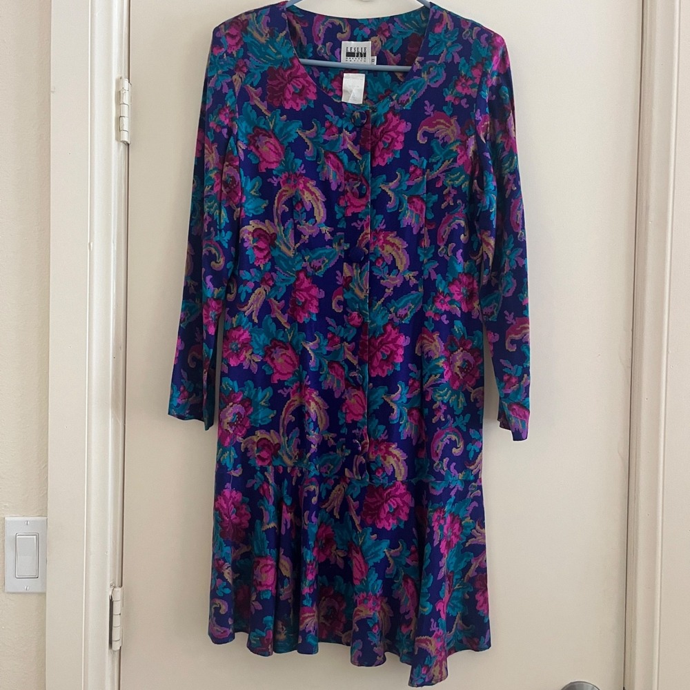 True Vtg Leslie Fay Floral Paisley Shirt Dress Petite 10 Button Front 80 90s USA